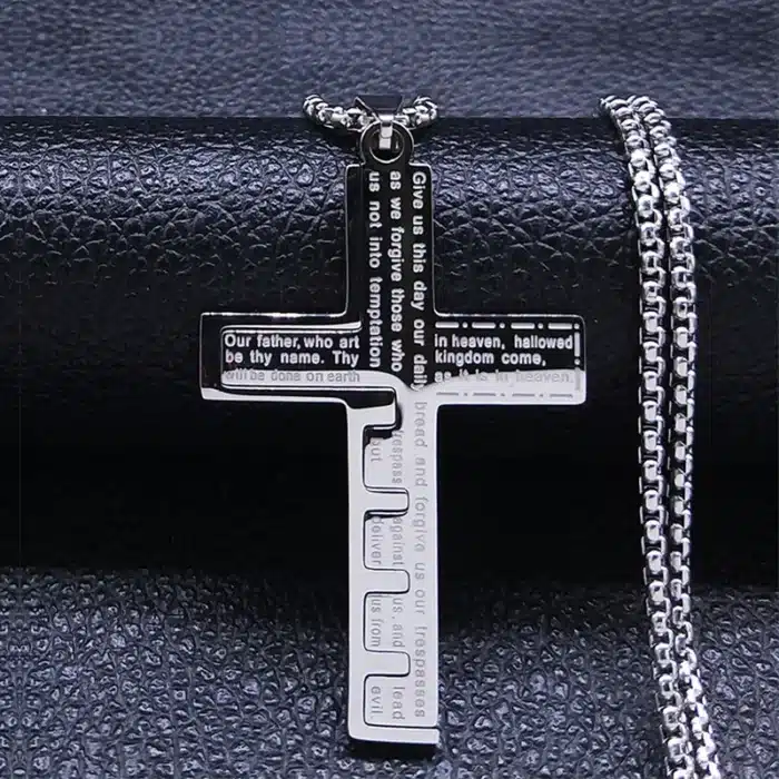 Collier croix gravée “Our Father” 2