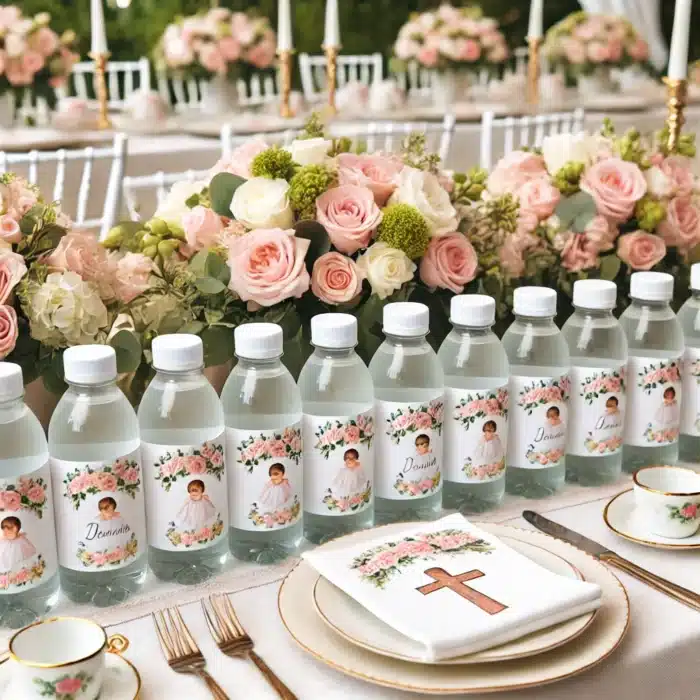 DALL·E 2024-09-11 19.59.15 – A beautifully decorated table for a baptism celebration, featuring several water bottles with personalized labels similar to the one shown in the user