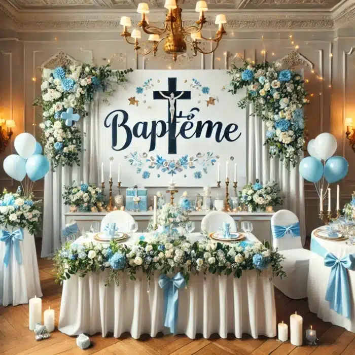 DALL·E 2024-10-01 20.05.18 – A baptism party decoration scene featuring the provided background banner with the word ‘baptême,’ a Christian cross, and blue floral decorations on a