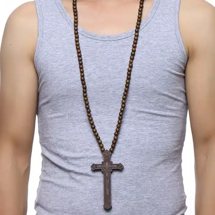 Collier perles chapelet bois 2