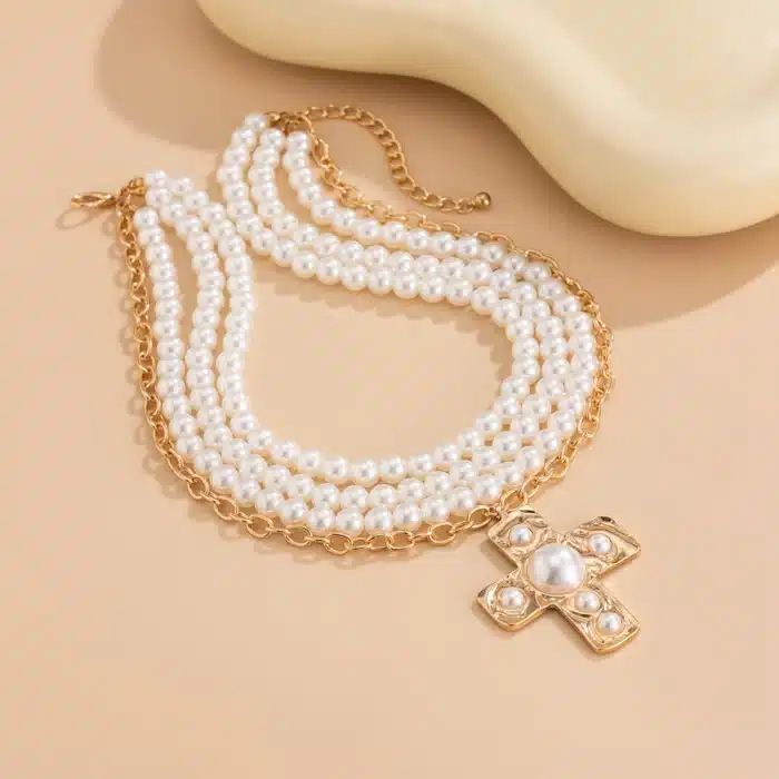 Chaine multiple perles croix 6