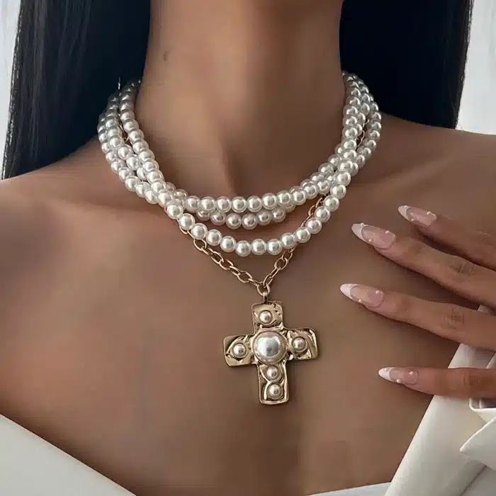 Chaine multiple perles croix 1