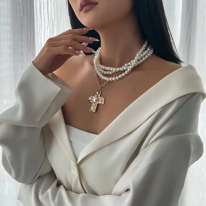 Chaine multiple perles croix 2